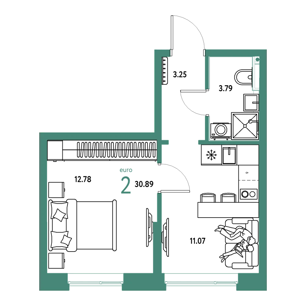 Планировка: Евродвушка 30,89 м²