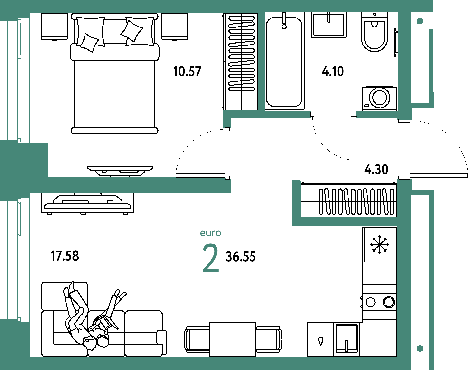 Планировка: Евродвушка 36,55 м² в ЖК «Домашний»