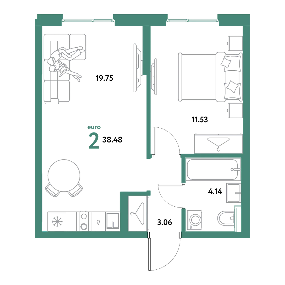 Планировка: Евродвушка 38,48 м²