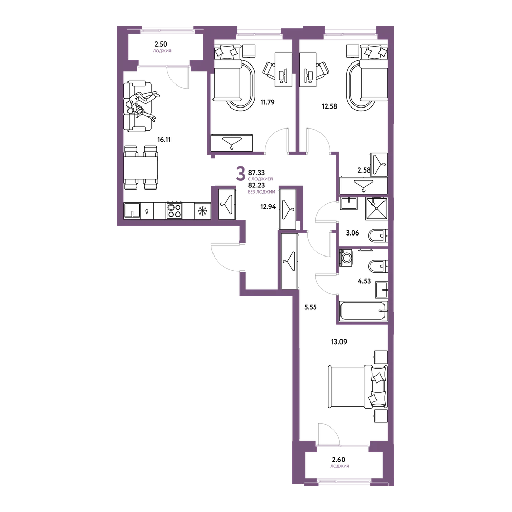 Планировка: 3-комнатная 87,33 м²