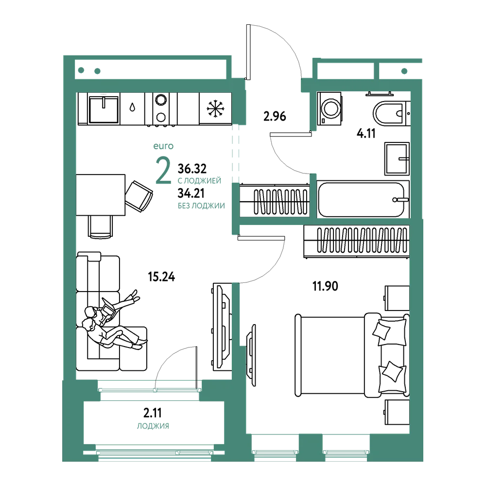 Планировка: Евродвушка 36,32 м²