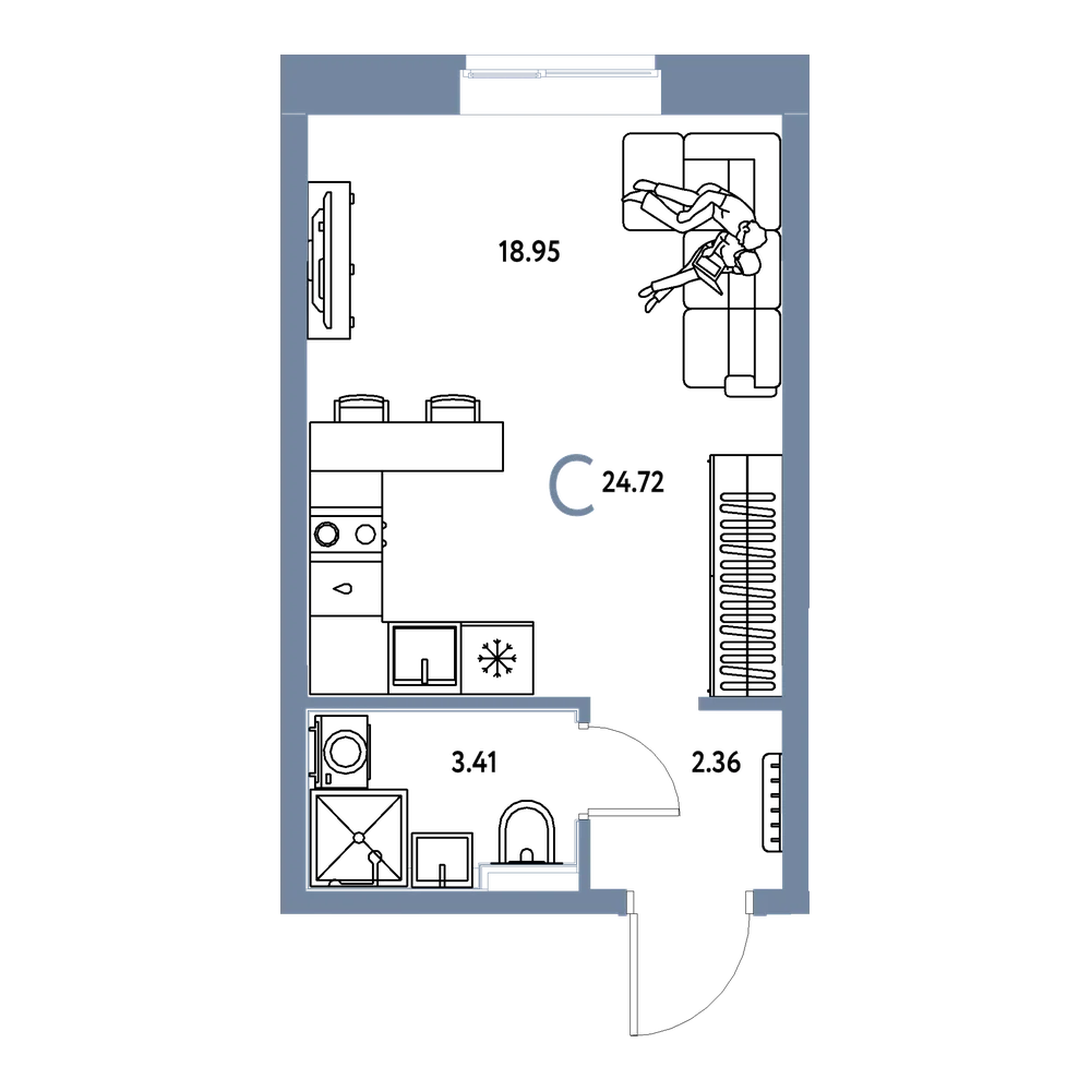 Планировка: Студия 24,72 м²