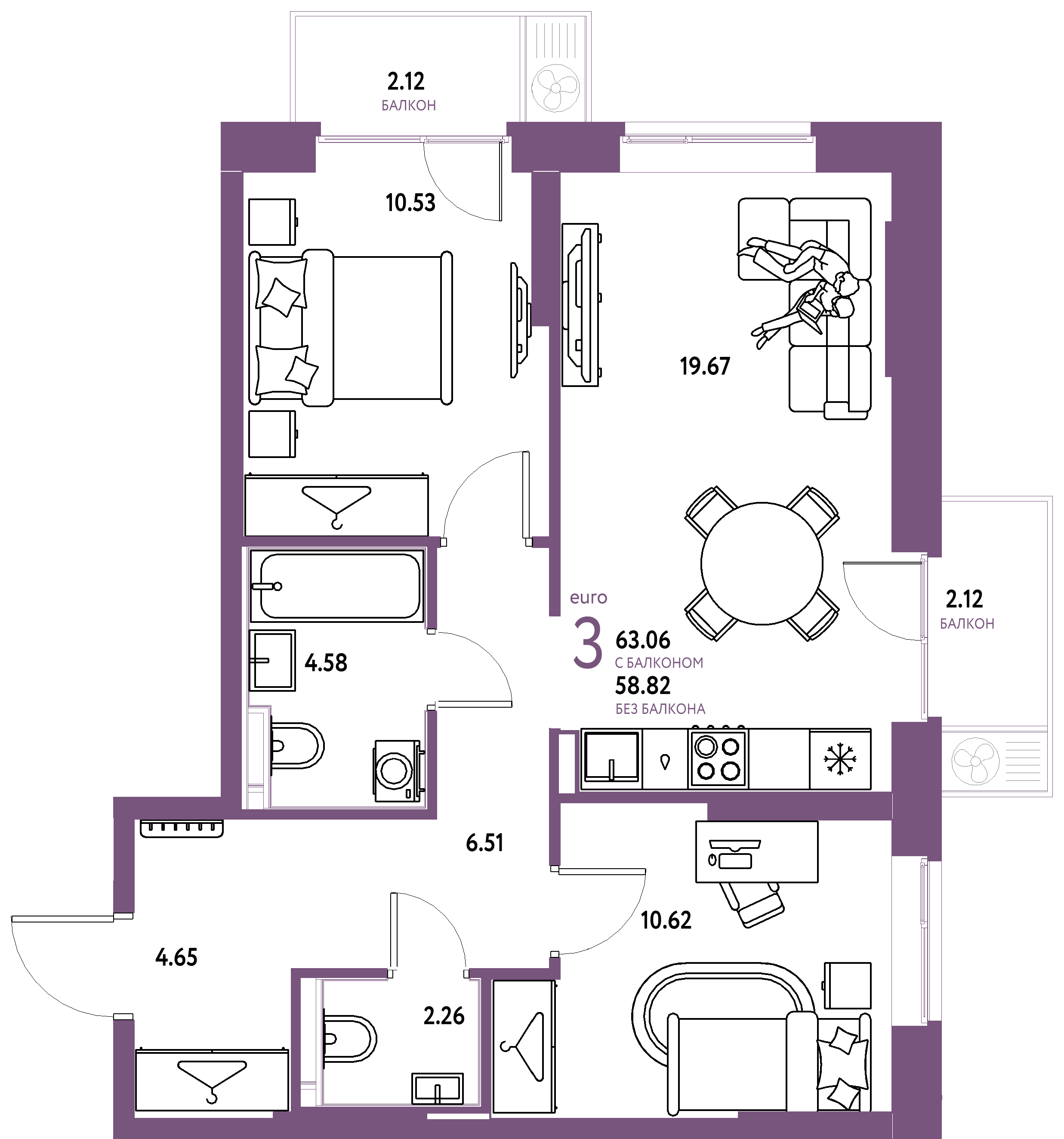 Планировка: Евротрёшка 63,06 м² в ЖК «Европейский берег 2.0»