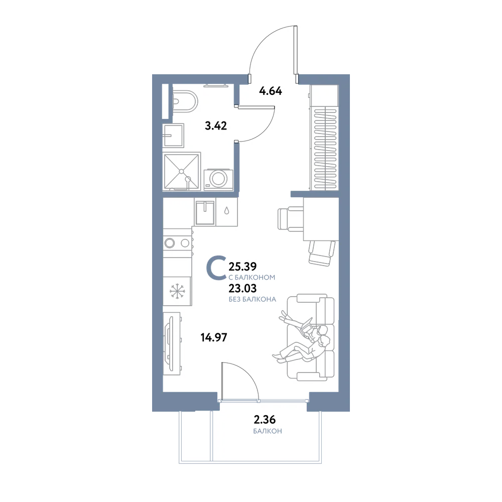 Планировка: Студия 25,39 м²