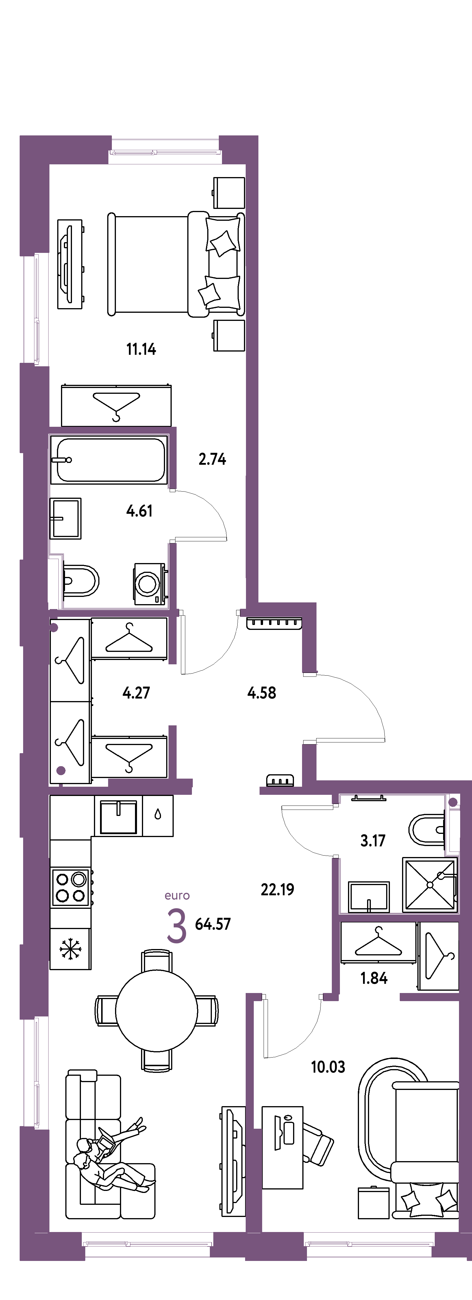 Планировка: Евротрёшка 64,57 м² в ЖК «Европейский берег 2.0»