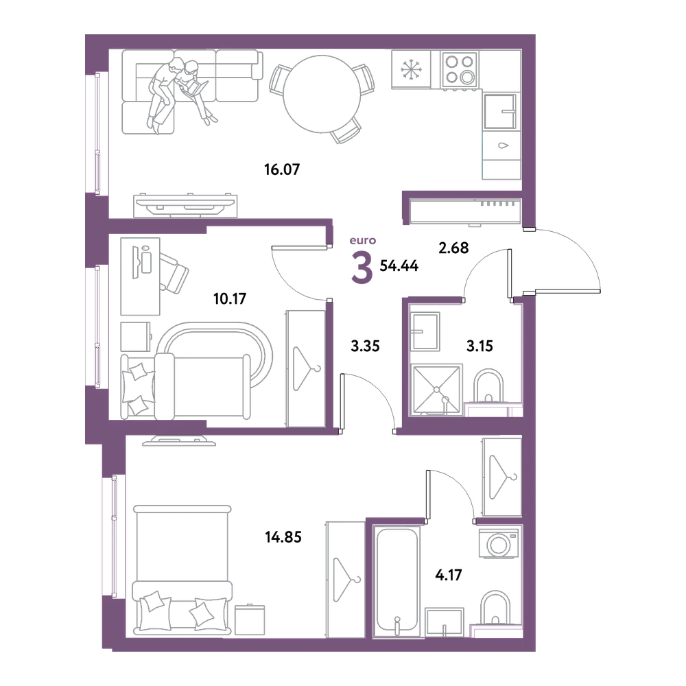 Планировка: Евротрёшка 54,44 м²