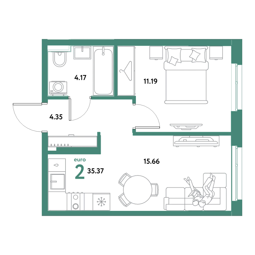 Планировка: Евродвушка 35,37 м²