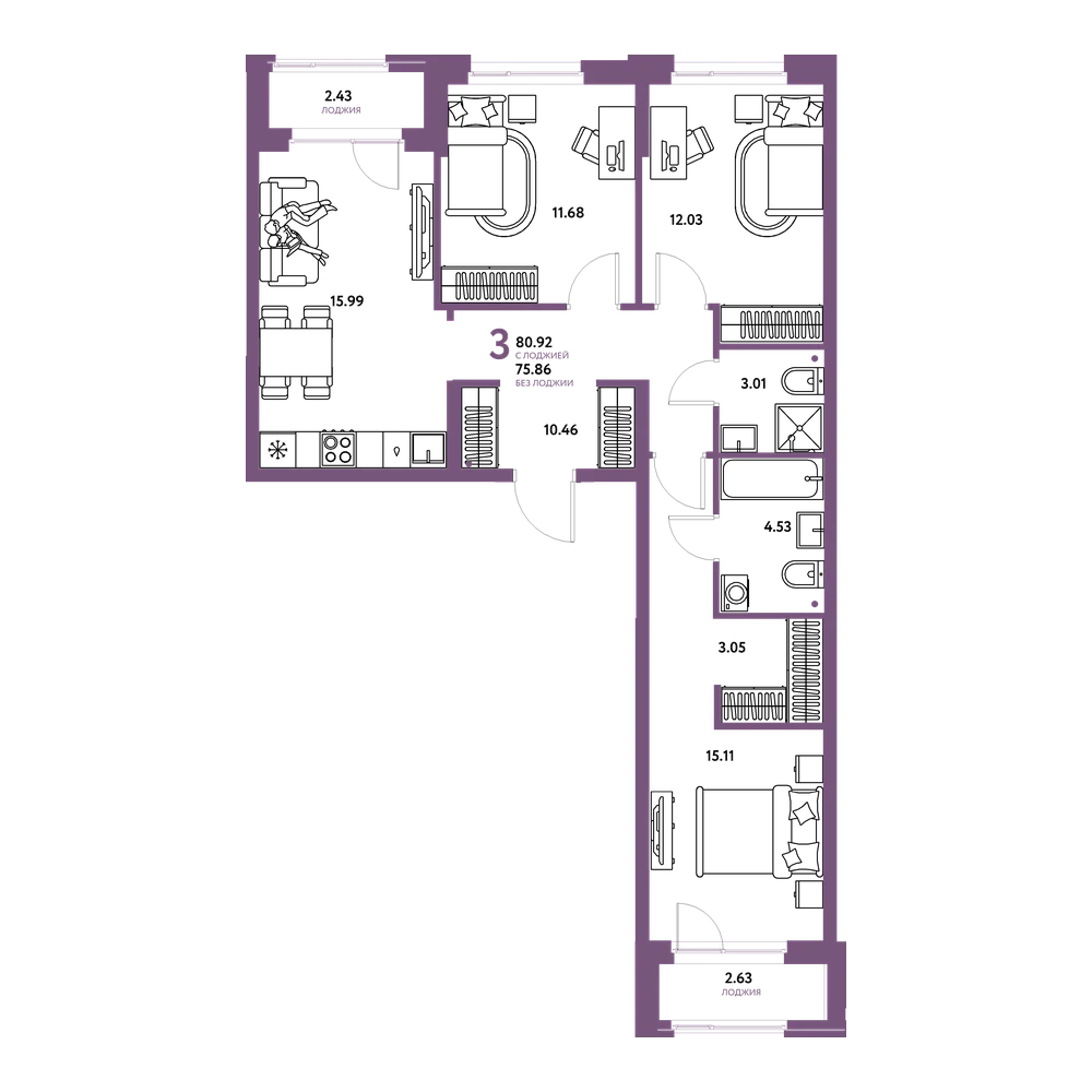 Планировка: 3-комнатная 80,92 м²