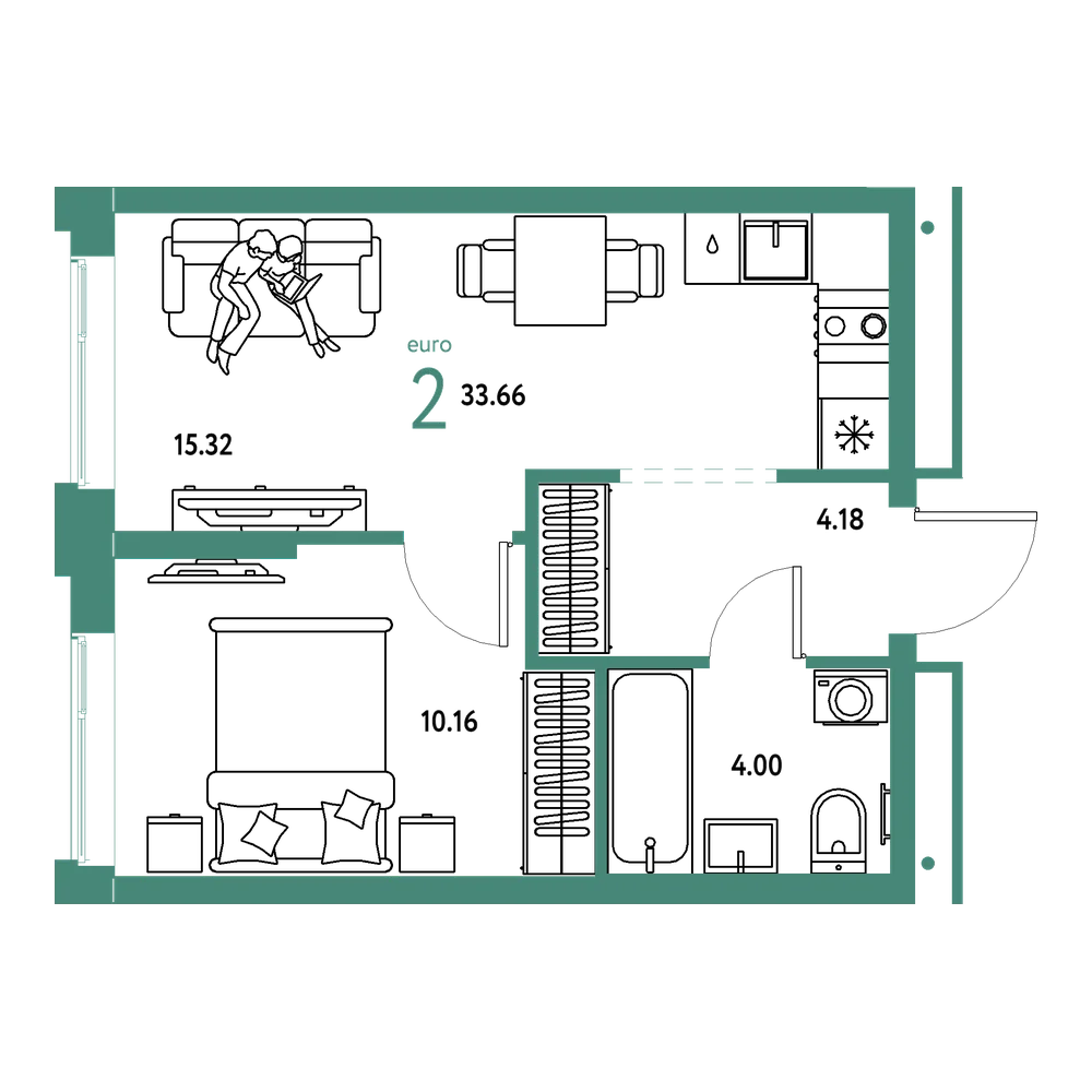 Планировка: Евродвушка 33,66 м²