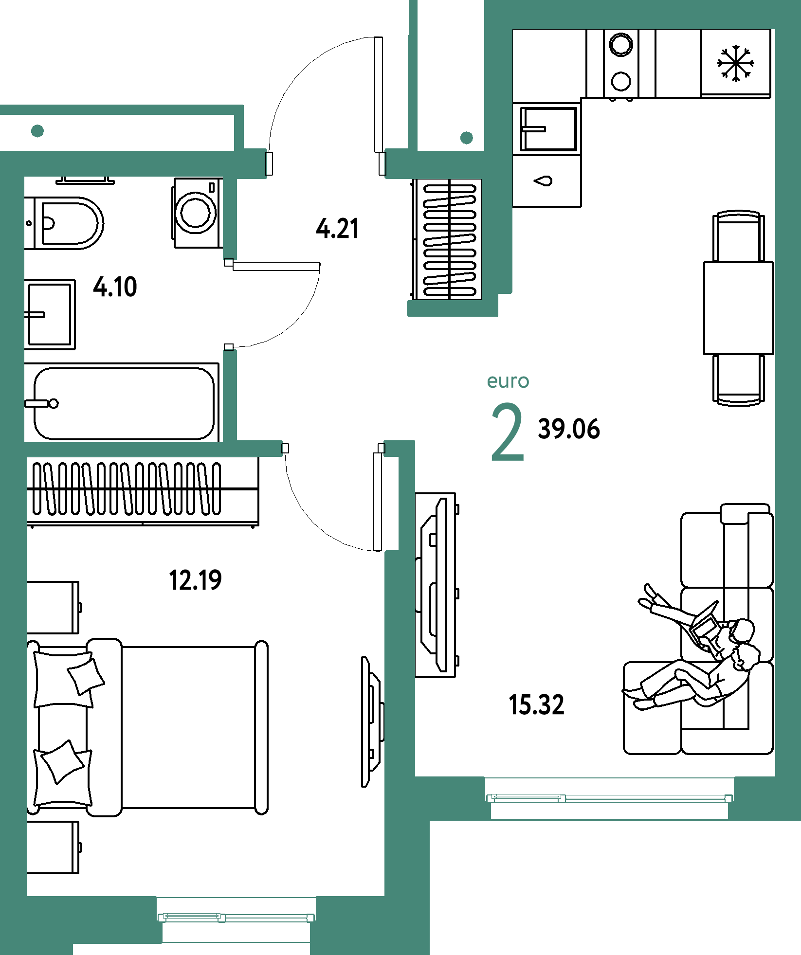 Планировка: Евродвушка 39,06 м² в ЖК «Домашний»