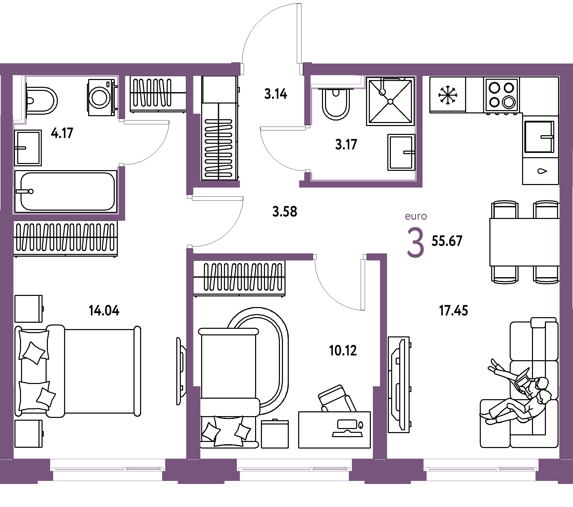 Планировка: Евротрёшка 55,67 м² в ЖК «Сердце Сибири»