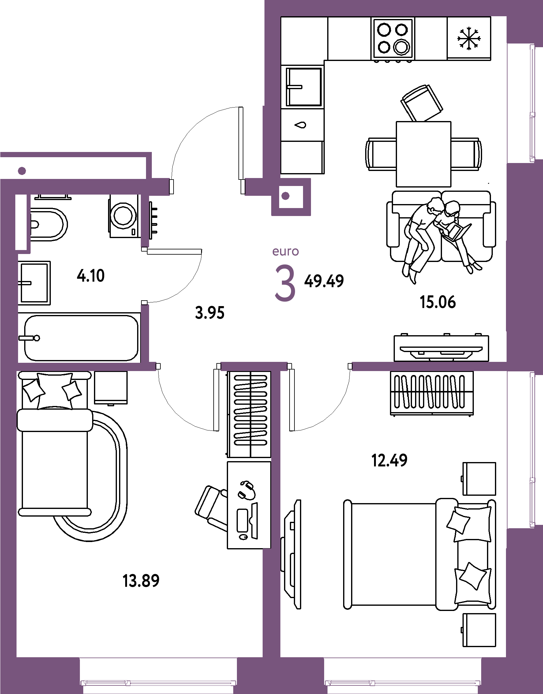 Планировка: Евротрёшка 49,49 м² в ЖК «Авторский»