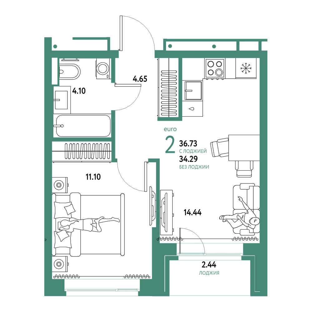 Планировка: Евродвушка 36,73 м²