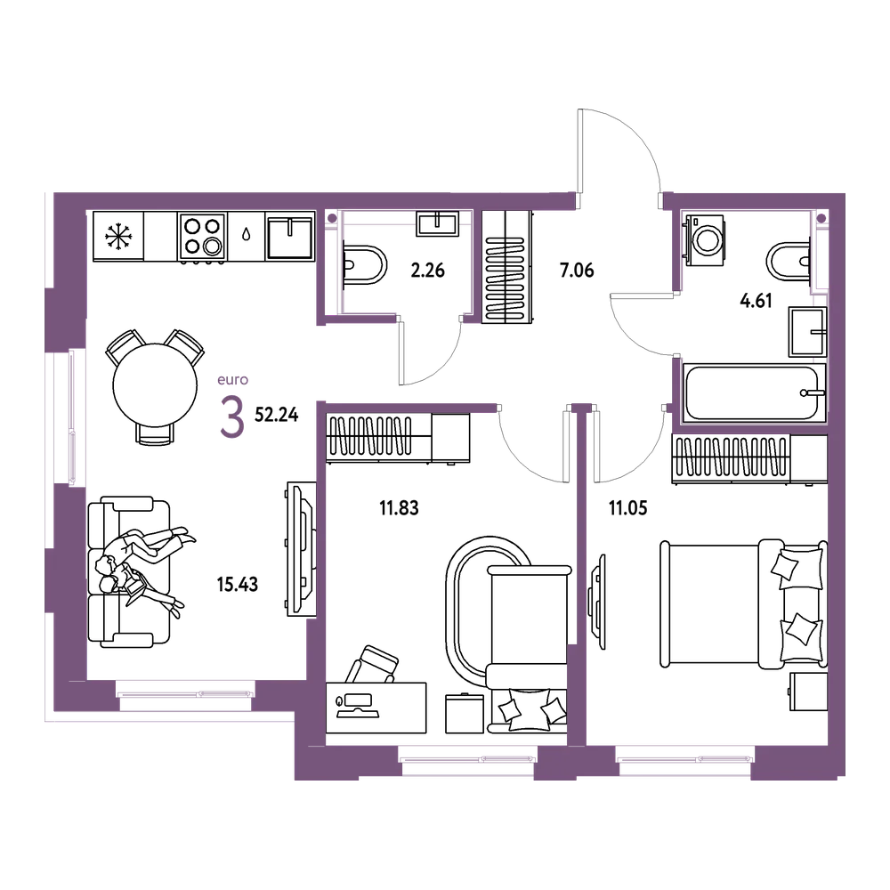 Планировка: Евротрёшка 52,24 м²