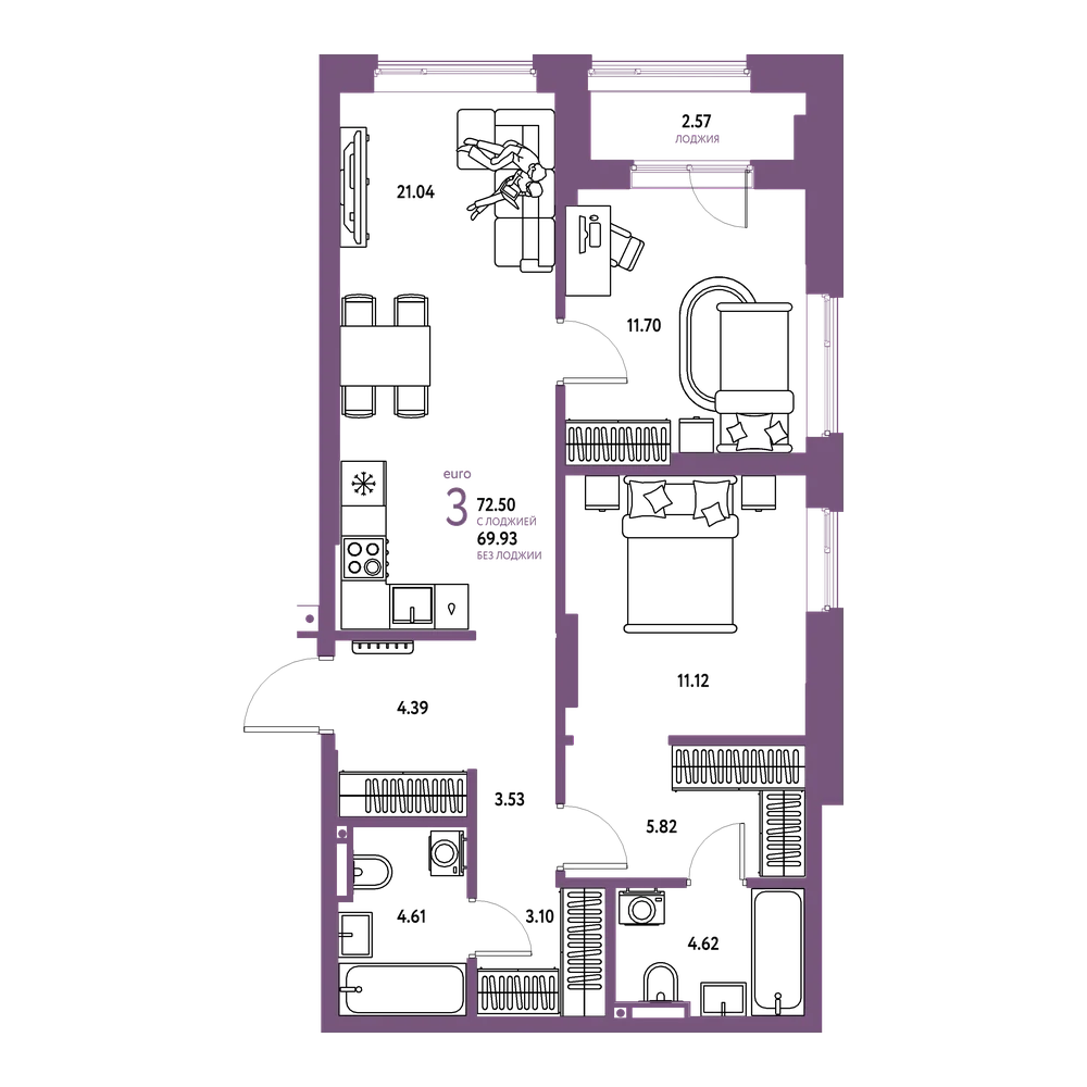 Планировка: Евротрёшка 72,5 м²