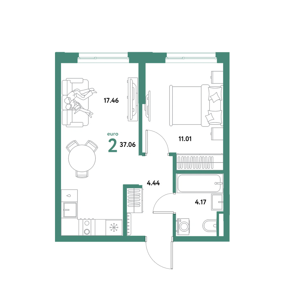 Планировка: Евродвушка 37,06 м²