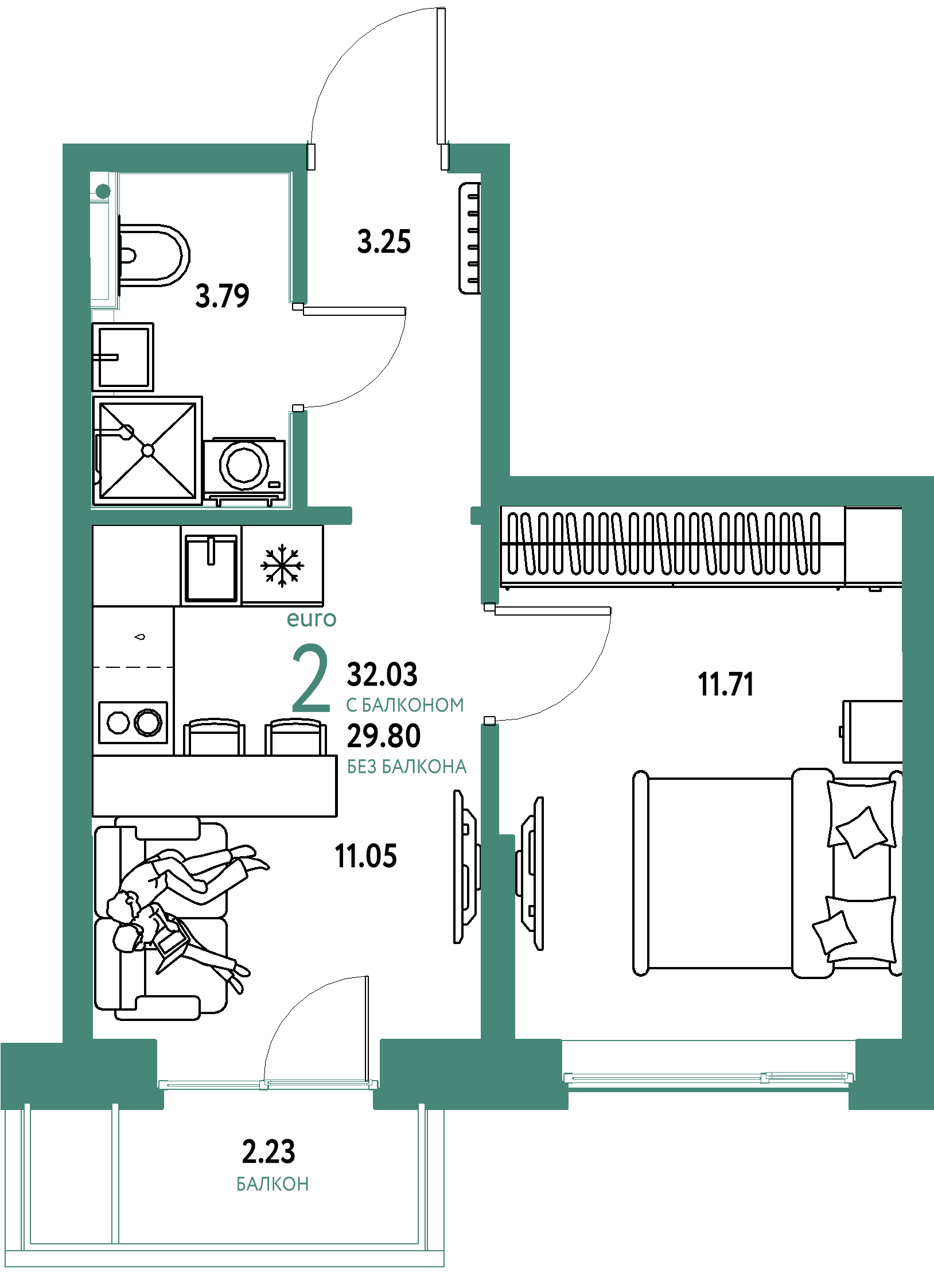 Планировка: Евродвушка 32,03 м² в ЖК «Остров-сад»