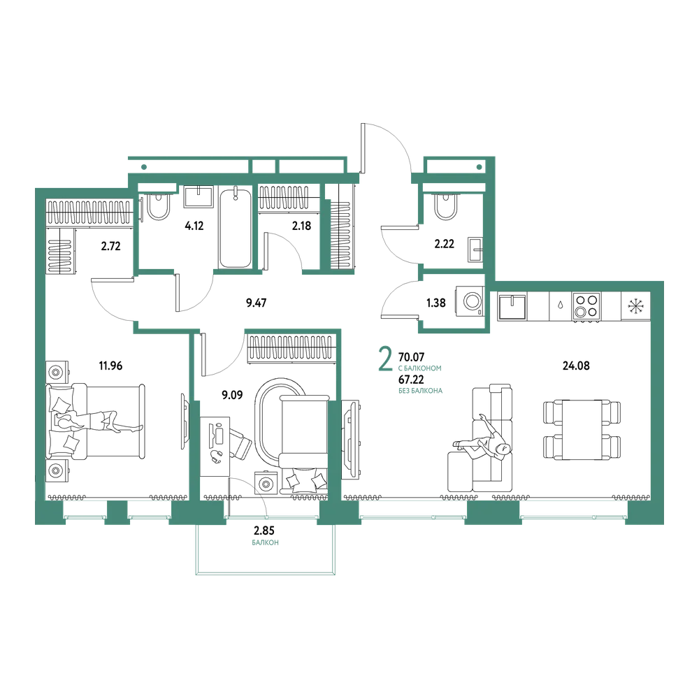 Планировка: Евротрёшка 70,07 м²