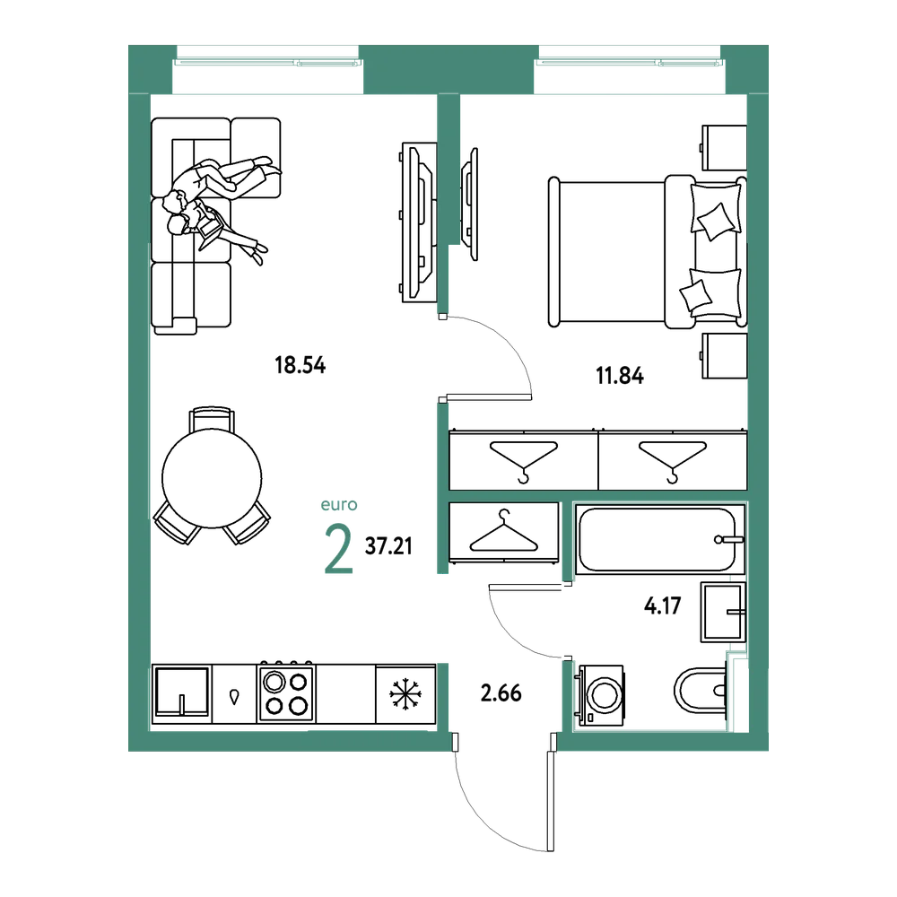 Планировка: Евродвушка 37,21 м²