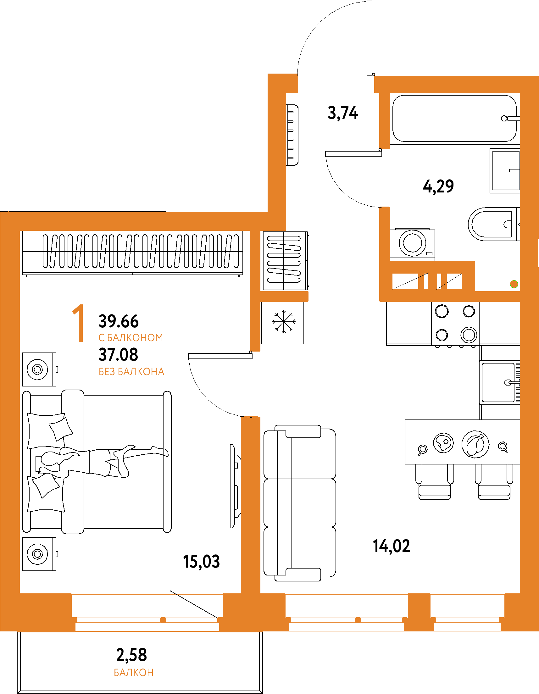 Планировка: 1-комнатная 39,66 м² в ЖК «Авторский»