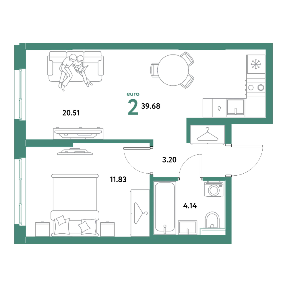 Планировка: Евродвушка 39,68 м²
