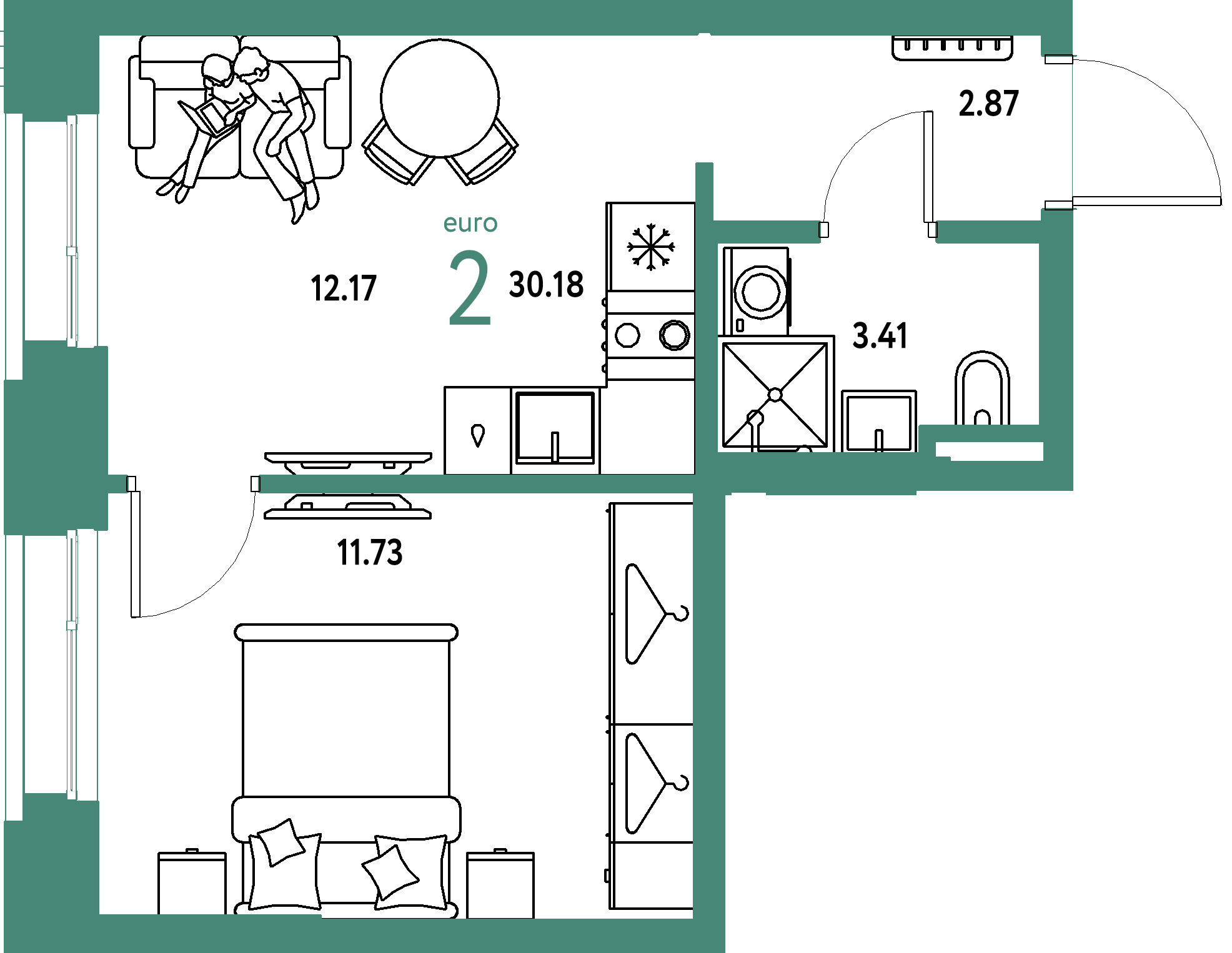 Планировка: Евродвушка 30,18 м² в ЖК «Страна.Прибрежная»