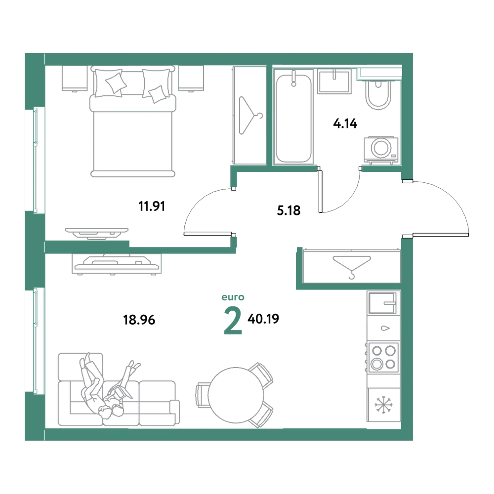 Планировка: Евродвушка 40,19 м²