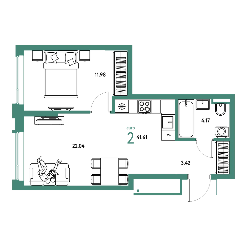 Планировка: Евродвушка 41,61 м²