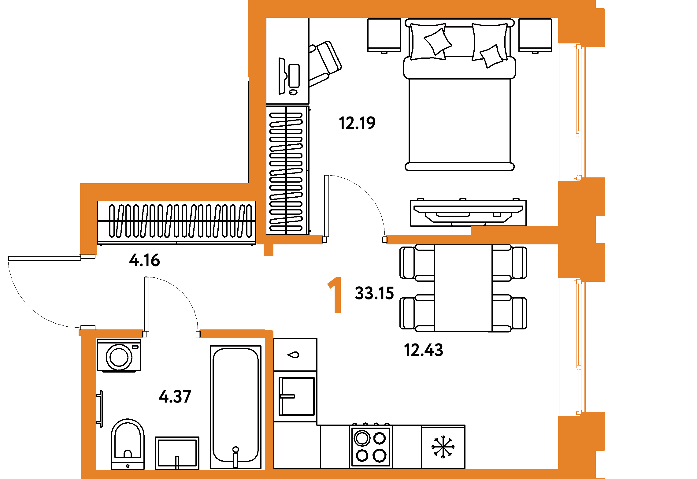 Планировка: 1-комнатная 33,15 м² в ЖК «Европейский берег 2.0»