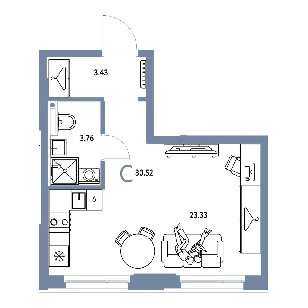 Планировка: Студия 30,52 м²