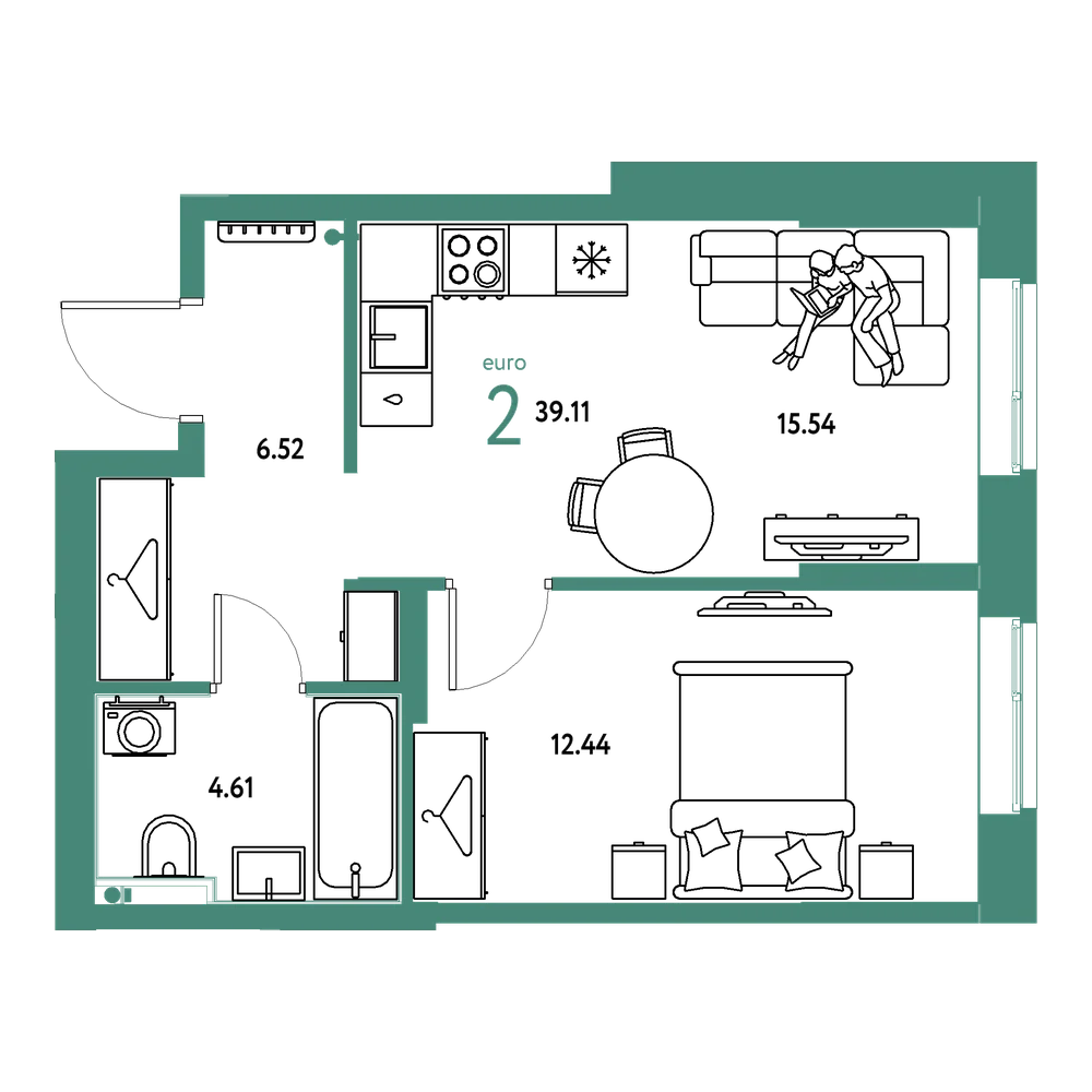Планировка: Евродвушка 39,11 м²