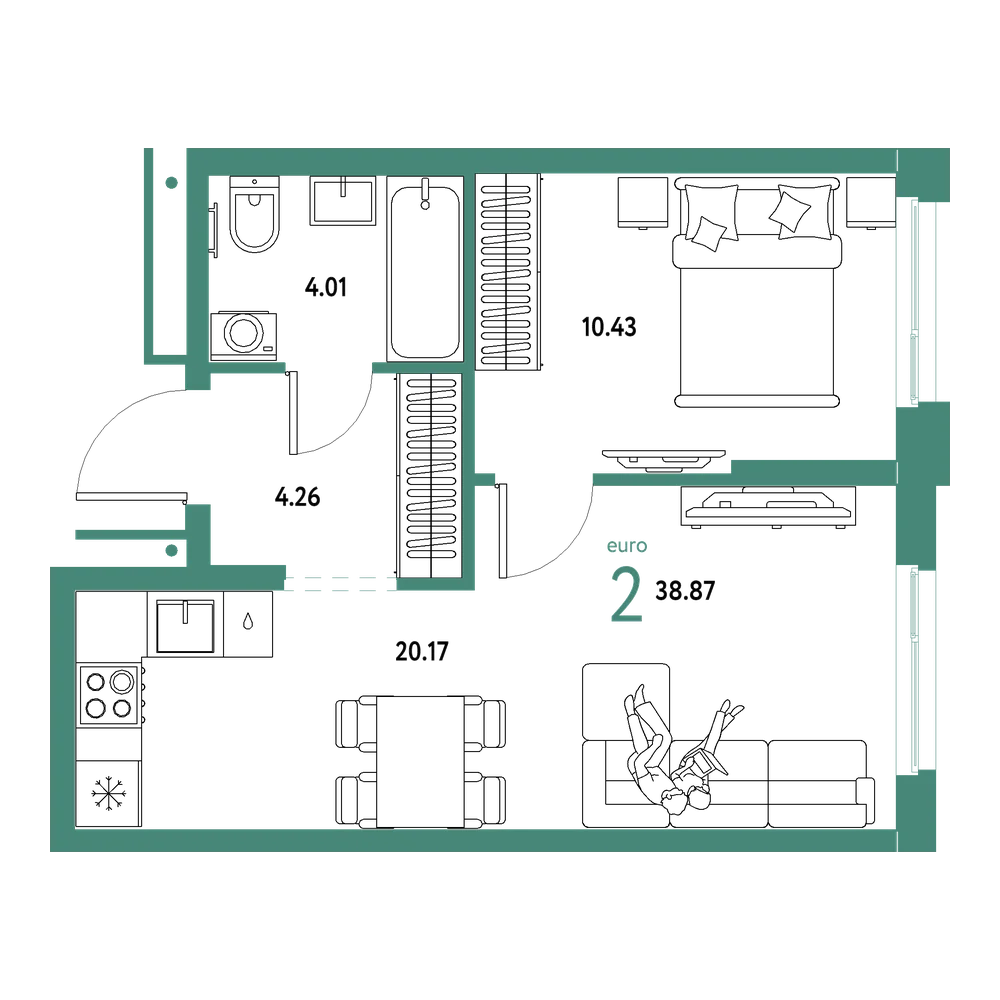 Планировка: Евродвушка 38,87 м²