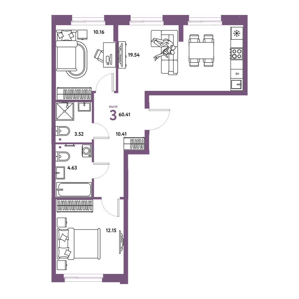 Планировка: Евротрёшка 60,41 м²