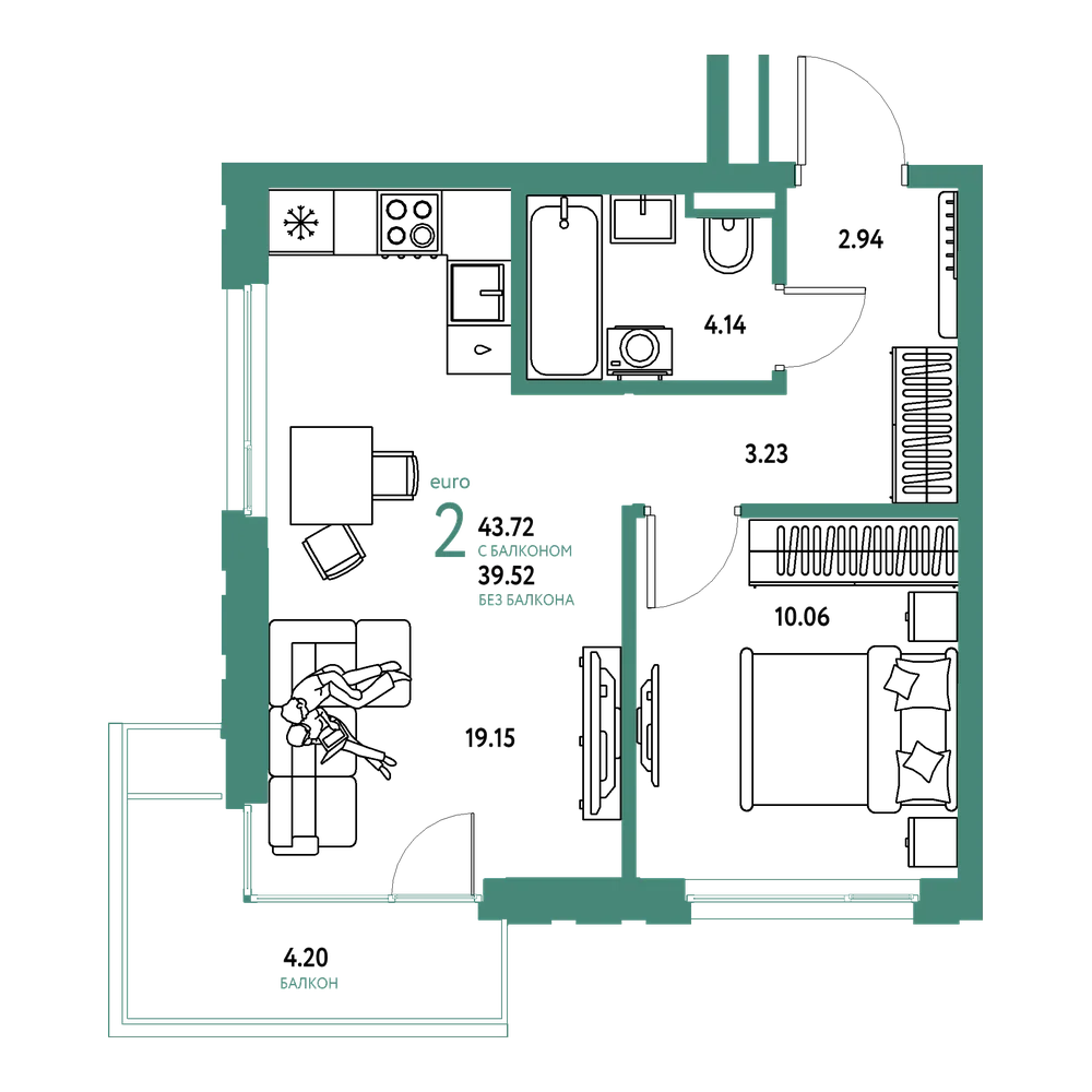 Планировка: Евродвушка 43,72 м²