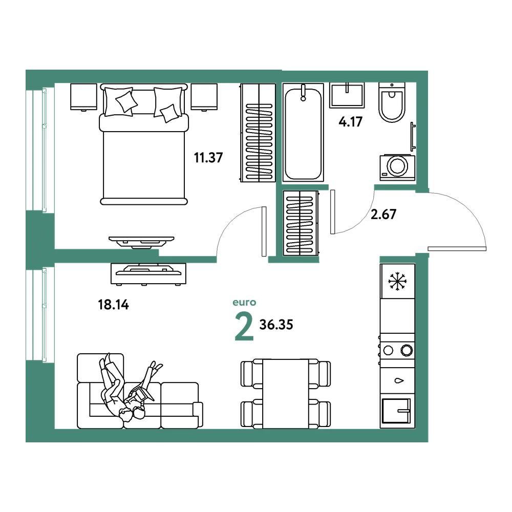 Планировка: Евродвушка 36,35 м²