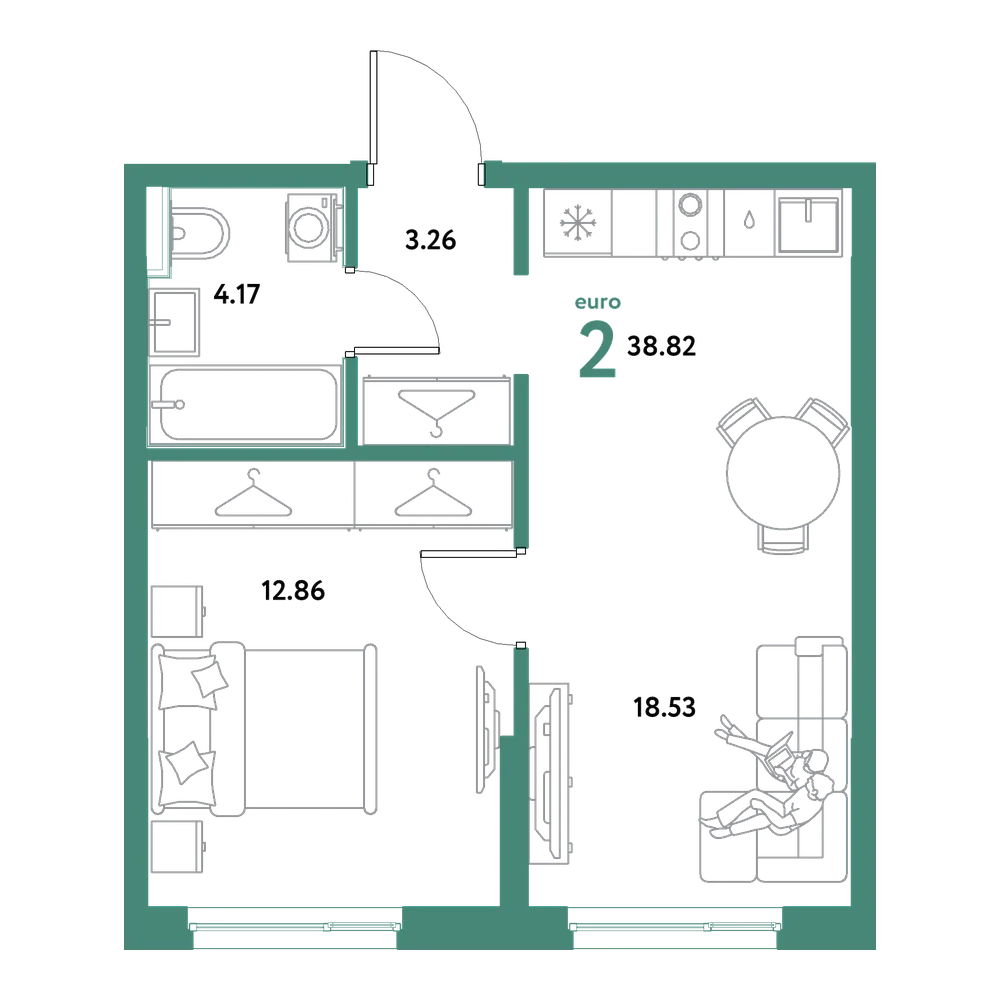 Планировка: Евродвушка 38,82 м²