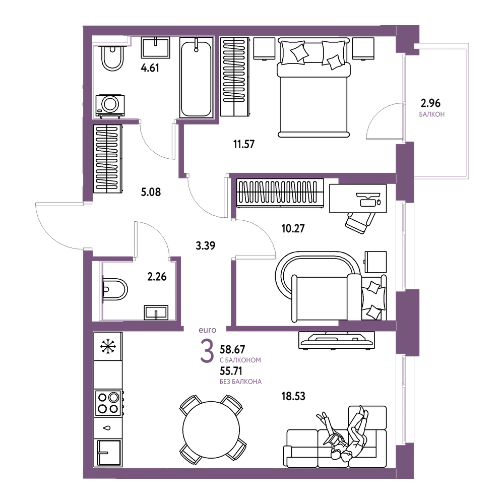 Планировка: Евротрёшка 58,39 м²