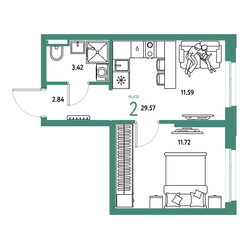 Планировка: Евродвушка 29,57 м²