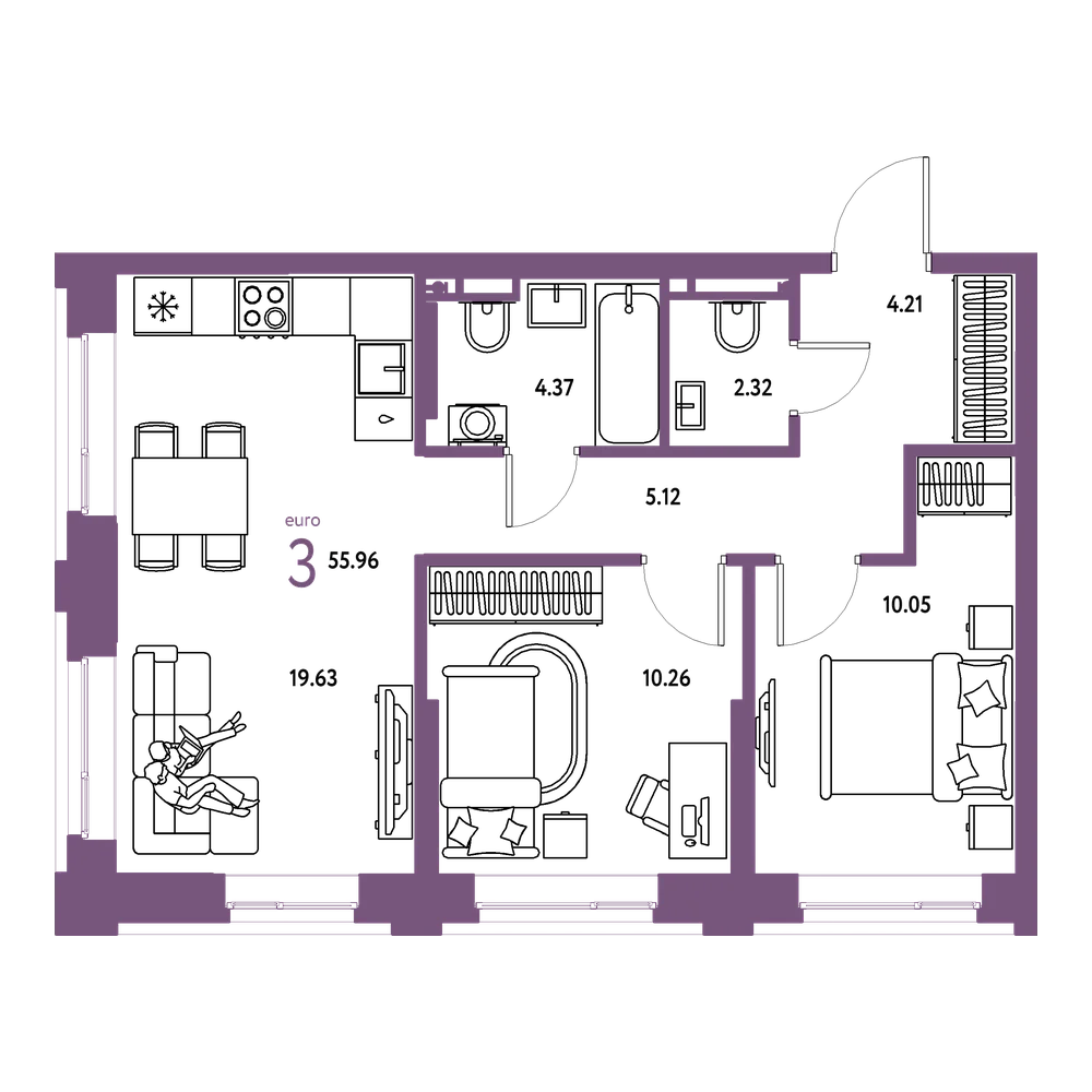 Планировка: Евротрёшка 55,96 м²