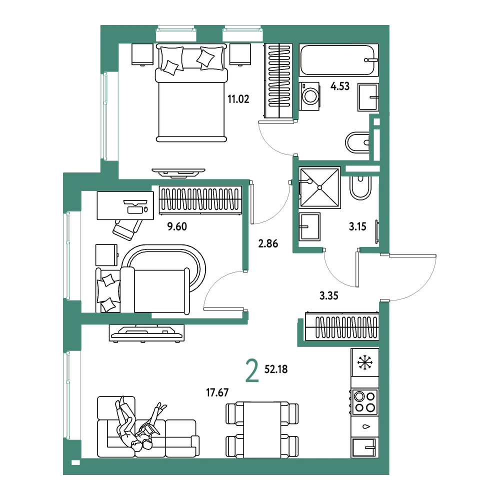 Планировка: 2-комнатная 52,18 м²