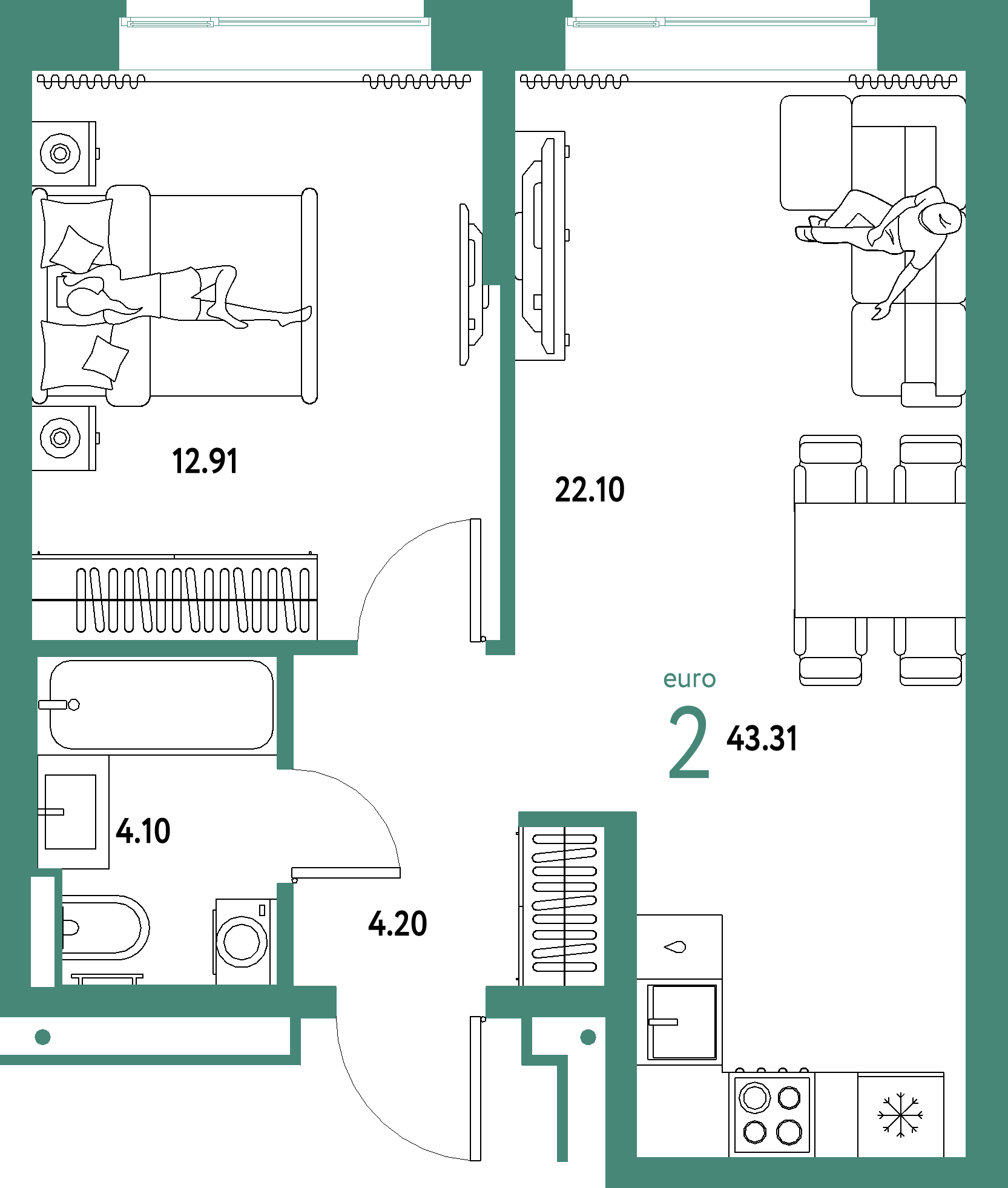Планировка: Евродвушка 43,31 м² в ЖК «Домашний»