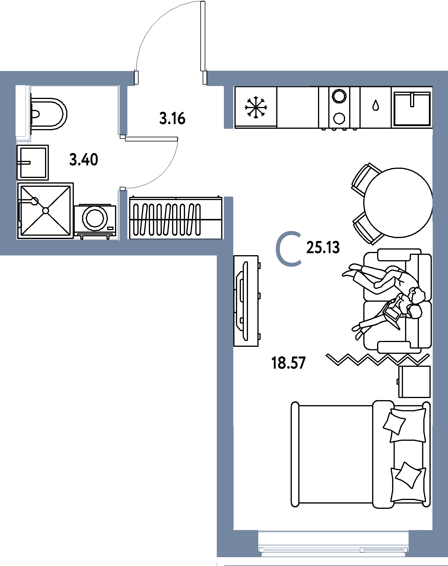 Планировка: Студия 25,13 м² в ЖК «Остров-сад»