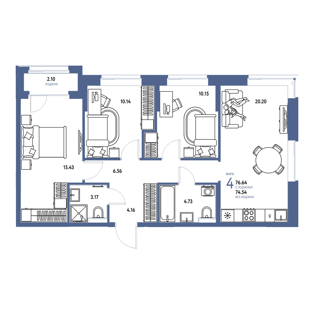 Планировка: Евро-4 77,09 м²