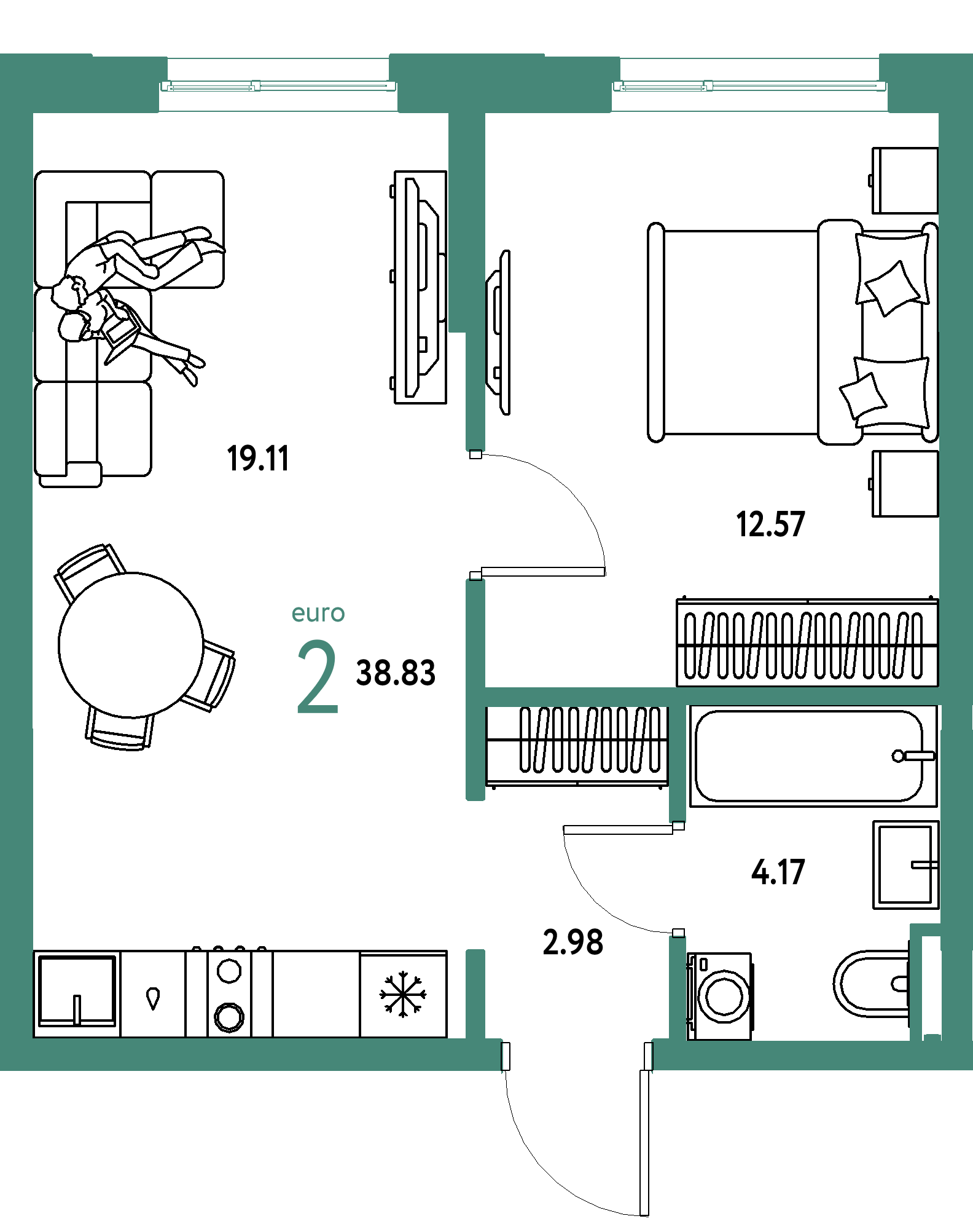 Планировка: Евродвушка 38,83 м² в ЖК «Остров-сад»