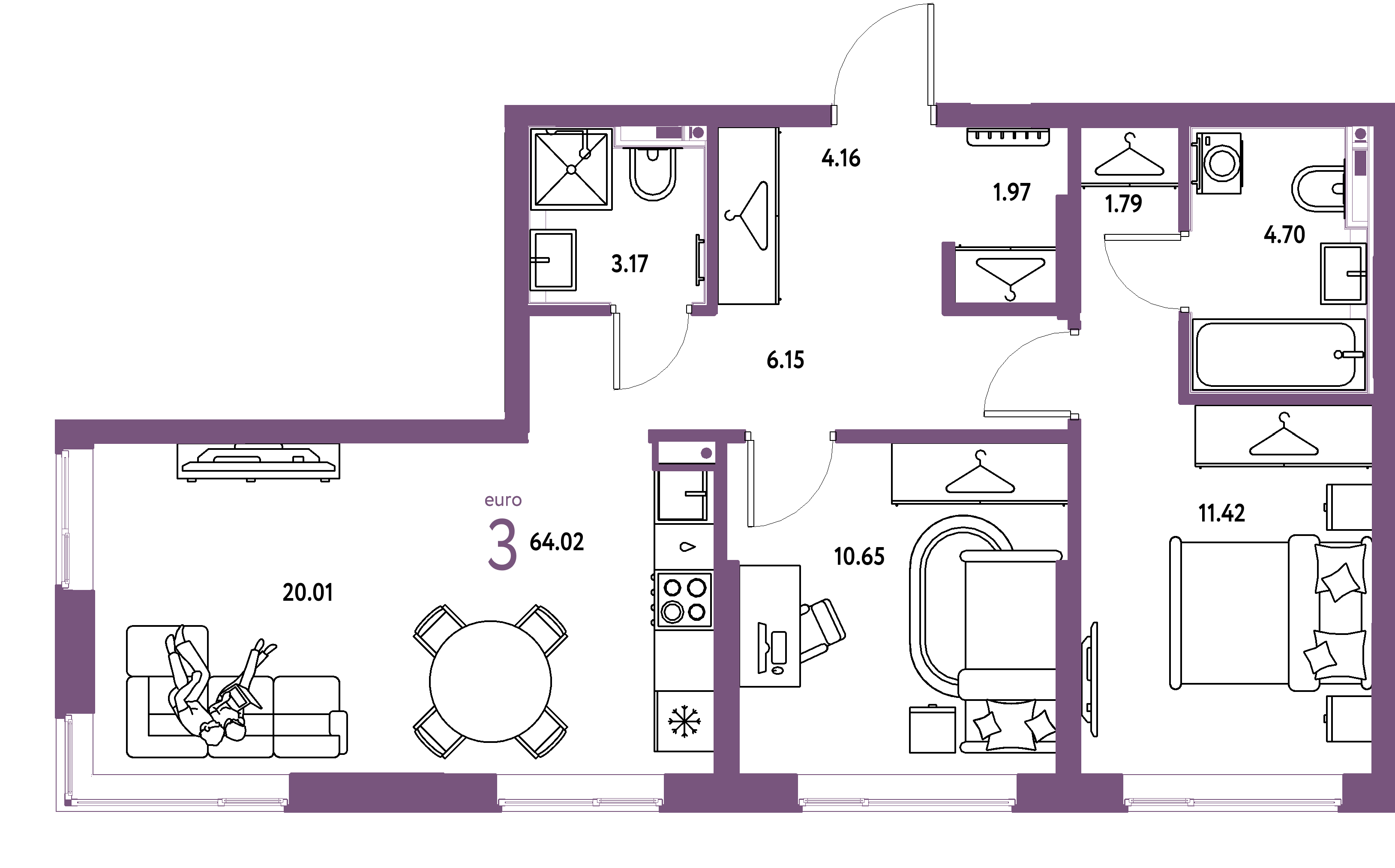 Планировка: Евротрёшка 64,02 м² в ЖК «Страна.Прибрежная»