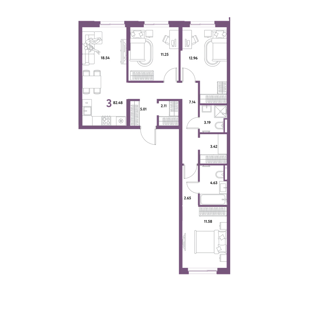 Планировка: 3-комнатная 82,48 м²