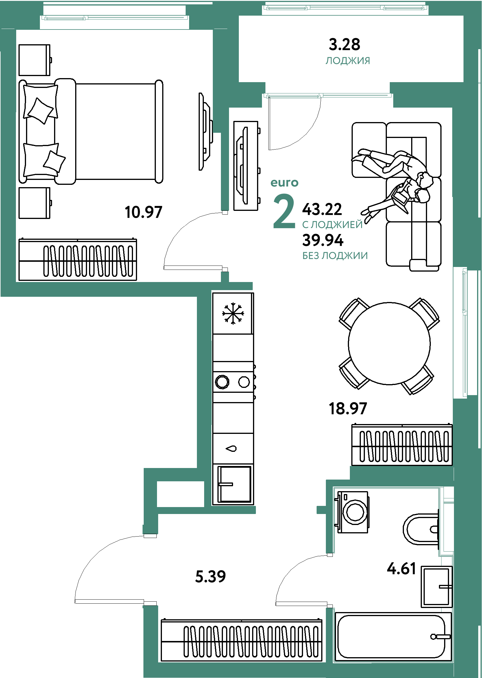 Планировка: Евродвушка 43,22 м² в ЖК «Домашний»