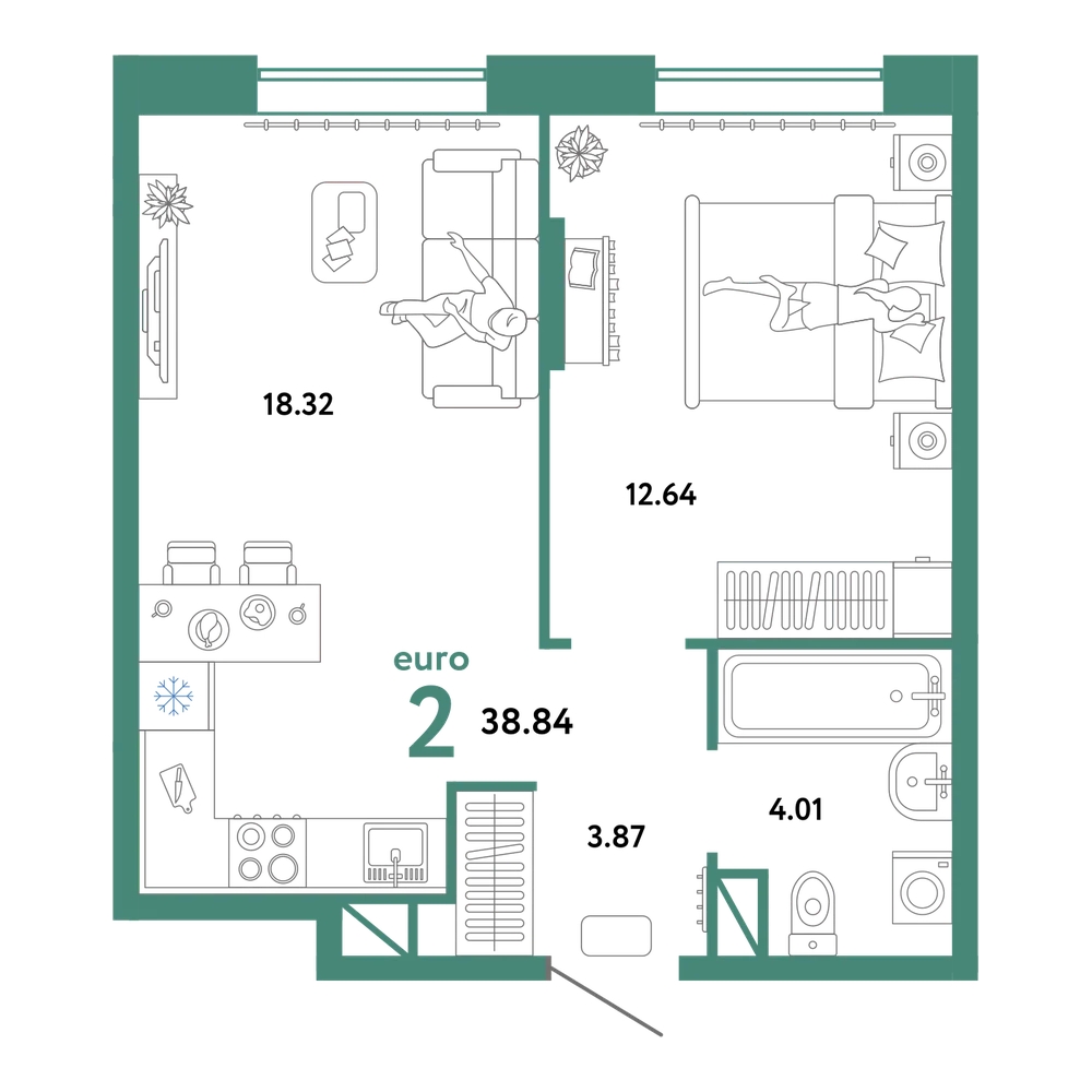 Планировка: Евродвушка 38,84 м²