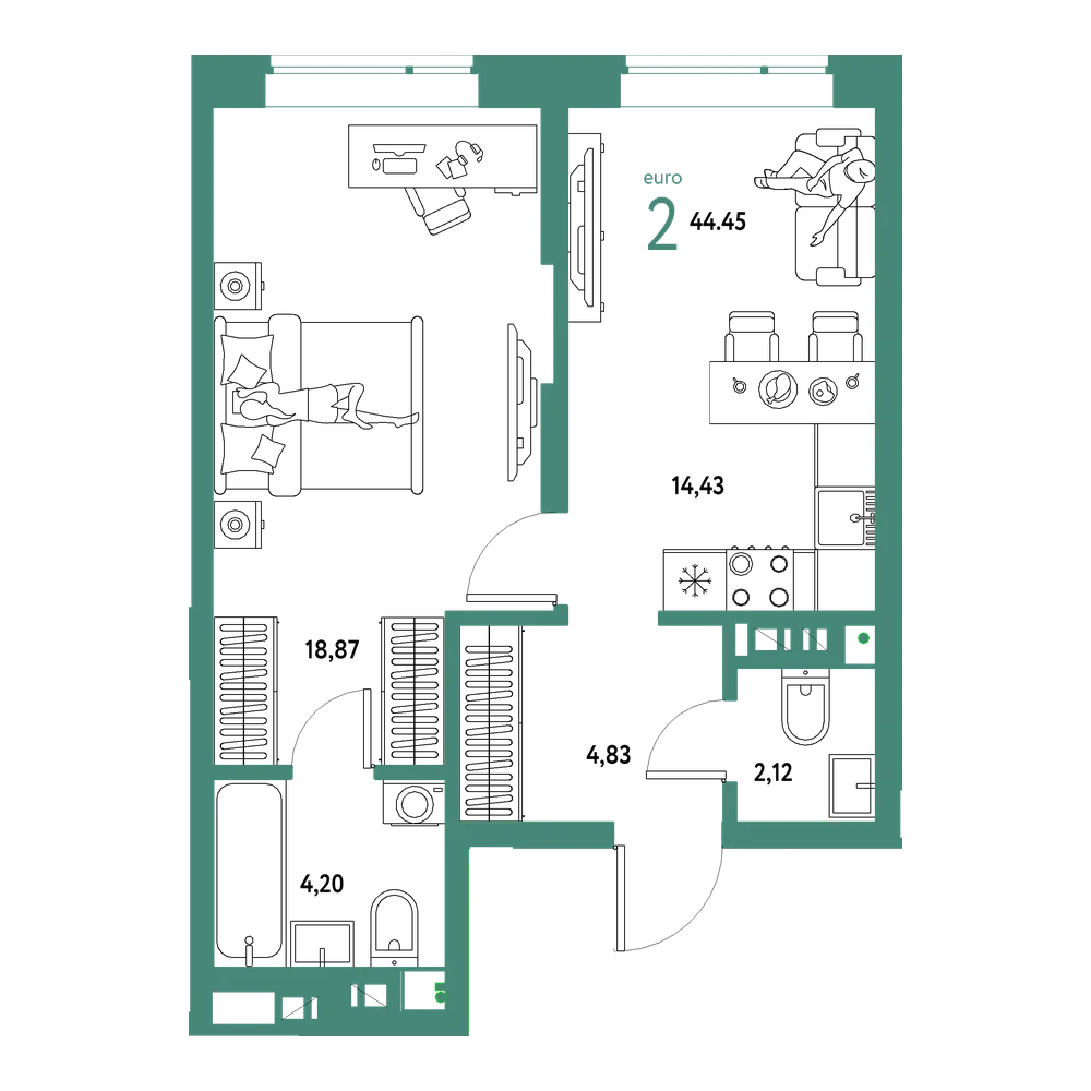 Планировка: Евродвушка 44,45 м²