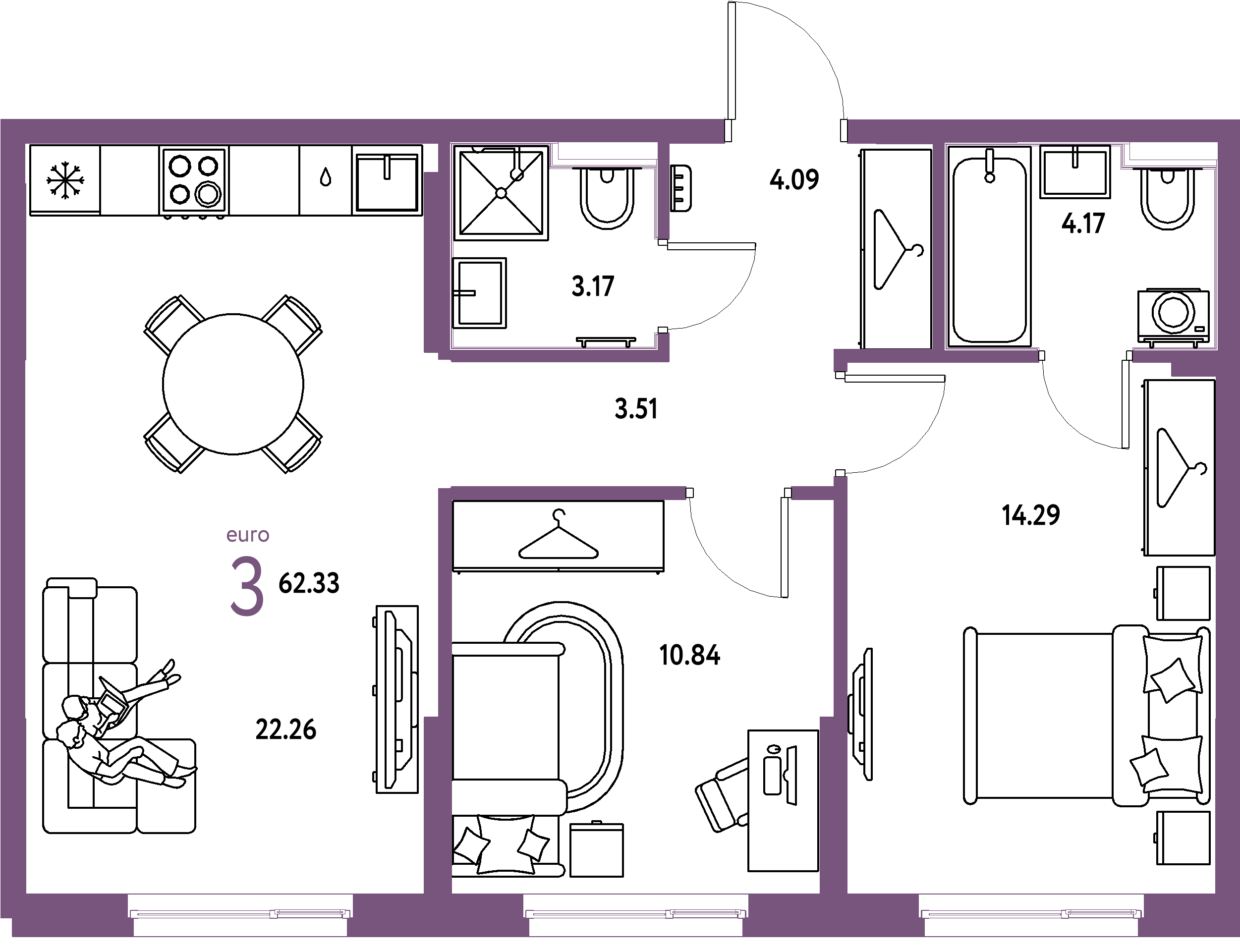 Планировка: Евротрёшка 62,33 м² в ЖК «Европейский берег 2.0»